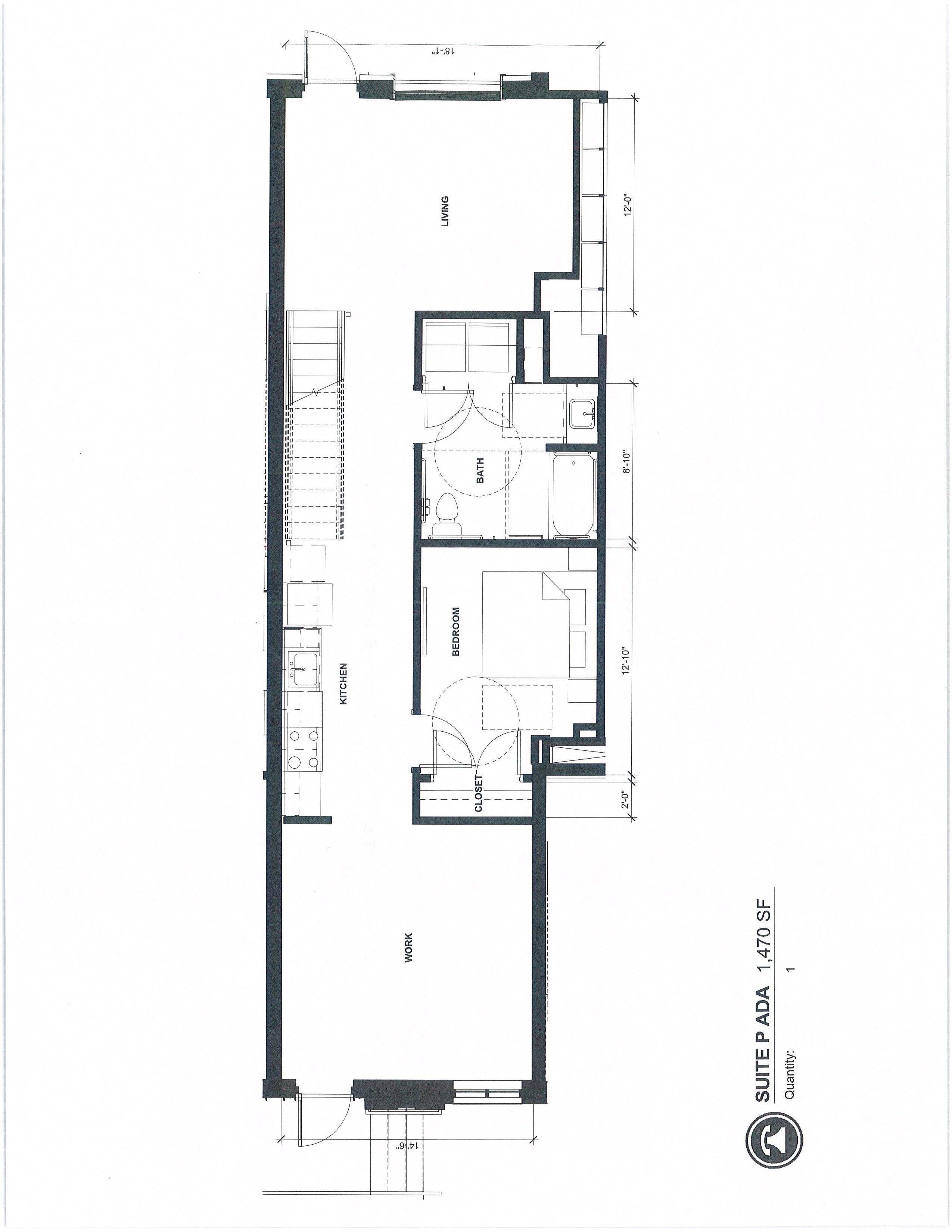 Floor plan for 1 bed, 1 bath, 1377 sqft